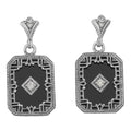 Art Deco rectangular black onyx earrings, geometric filigree border, diamond center accent, leaf post, sterling silver