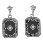 Art Deco rectangular black onyx earrings, geometric filigree border, diamond center accent, leaf post, sterling silver