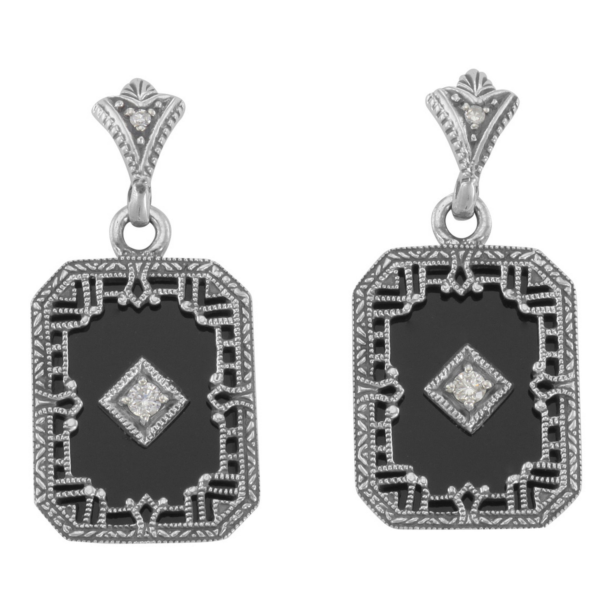Art Deco rectangular black onyx earrings, geometric filigree border, diamond center accent, leaf post, sterling silver