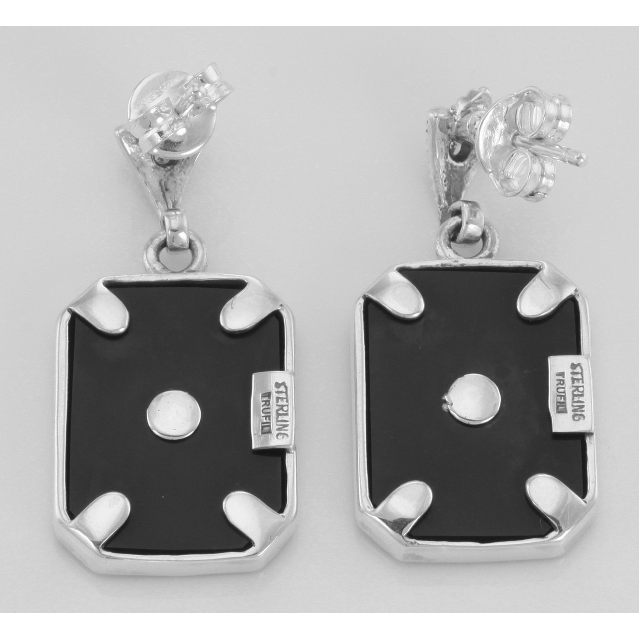 Back view of Art Deco Style Black Onyx and Diamond Filigree Earrings showing 925 sterling silver hallmark and French wire hooks