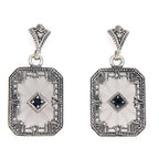 Art Deco sunray camphor glass earrings, carved starburst glass, sapphire center, filigree border, leaf post, sterling silver