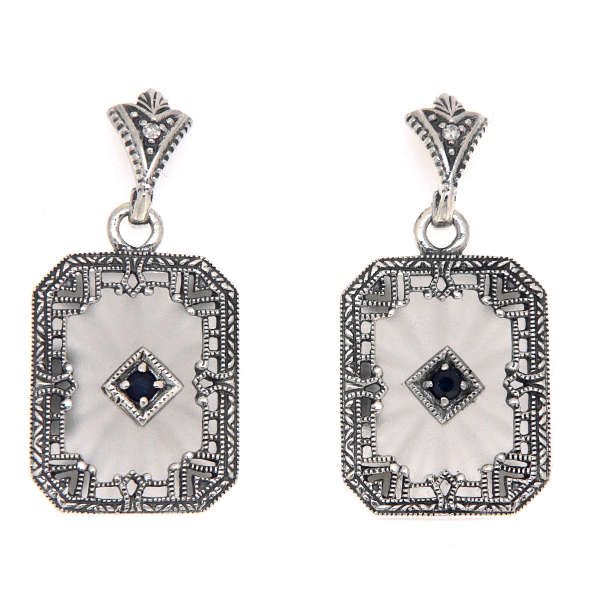 Art Deco sunray camphor glass earrings, carved starburst glass, sapphire center, filigree border, leaf post, sterling silver