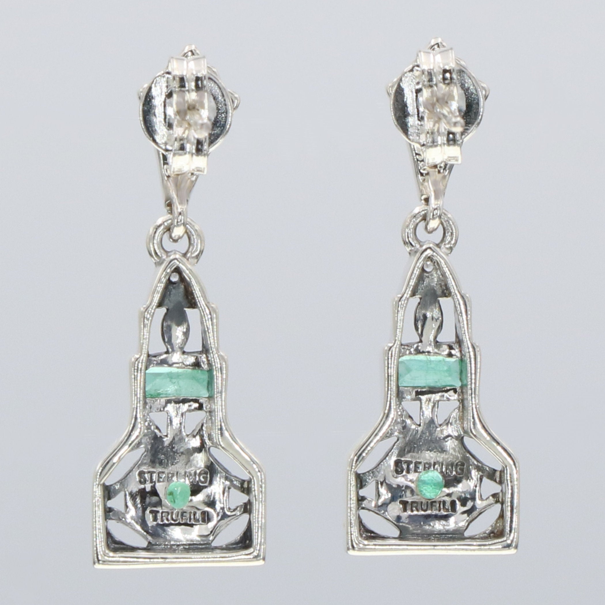 Back view of Art Deco Style Genuine Emerald / White Topaz Filigree Earrings showing 925 sterling silver hallmark and French wire hooks