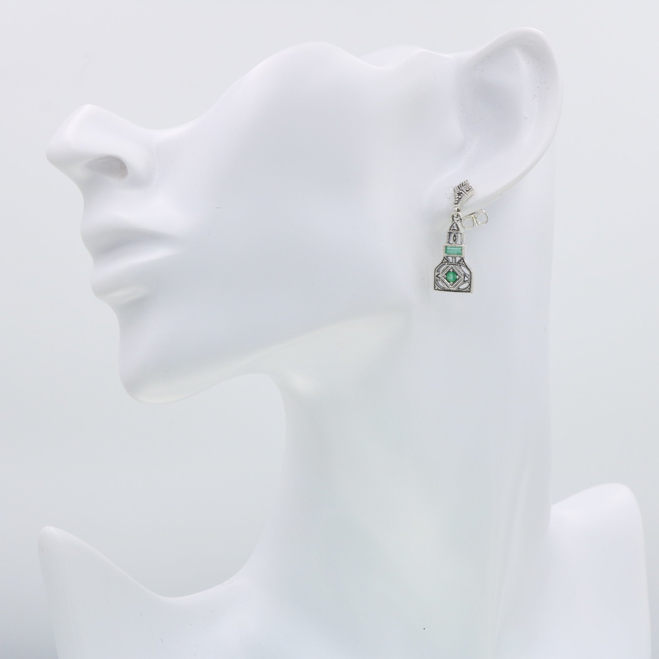 Detail view of Art Deco Style Genuine Emerald / White Topaz Filigree Earrings highlighting filigree detail