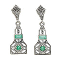 Art Deco dangle earrings, emerald and white topaz in filigree lantern body, marcasite kite post, sterling silver
