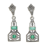 Art Deco dangle earrings, emerald and white topaz in filigree lantern body, marcasite kite post, sterling silver
