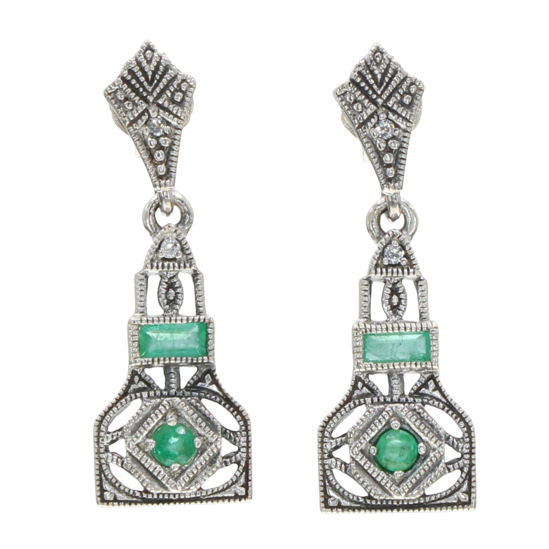 Art Deco dangle earrings, emerald and white topaz in filigree lantern body, marcasite kite post, sterling silver