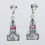 Back view of Art Deco Style Genuine Ruby / White Topaz Filigree Earrings showing 925 sterling silver hallmark and French wire hooks