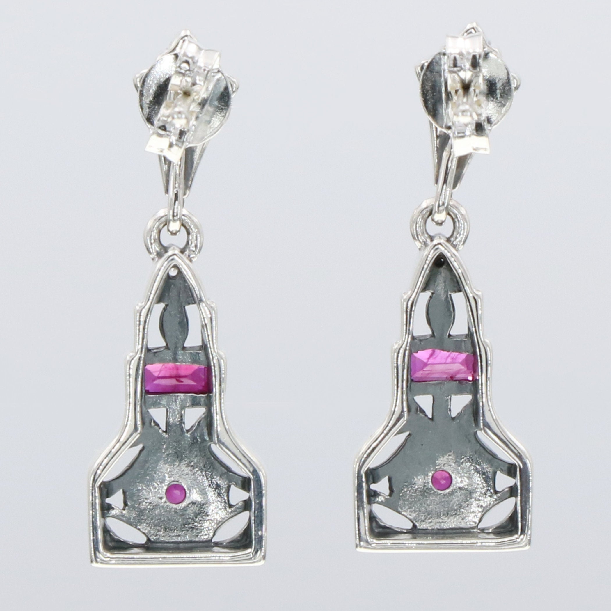 Back view of Art Deco Style Genuine Ruby / White Topaz Filigree Earrings showing 925 sterling silver hallmark and French wire hooks