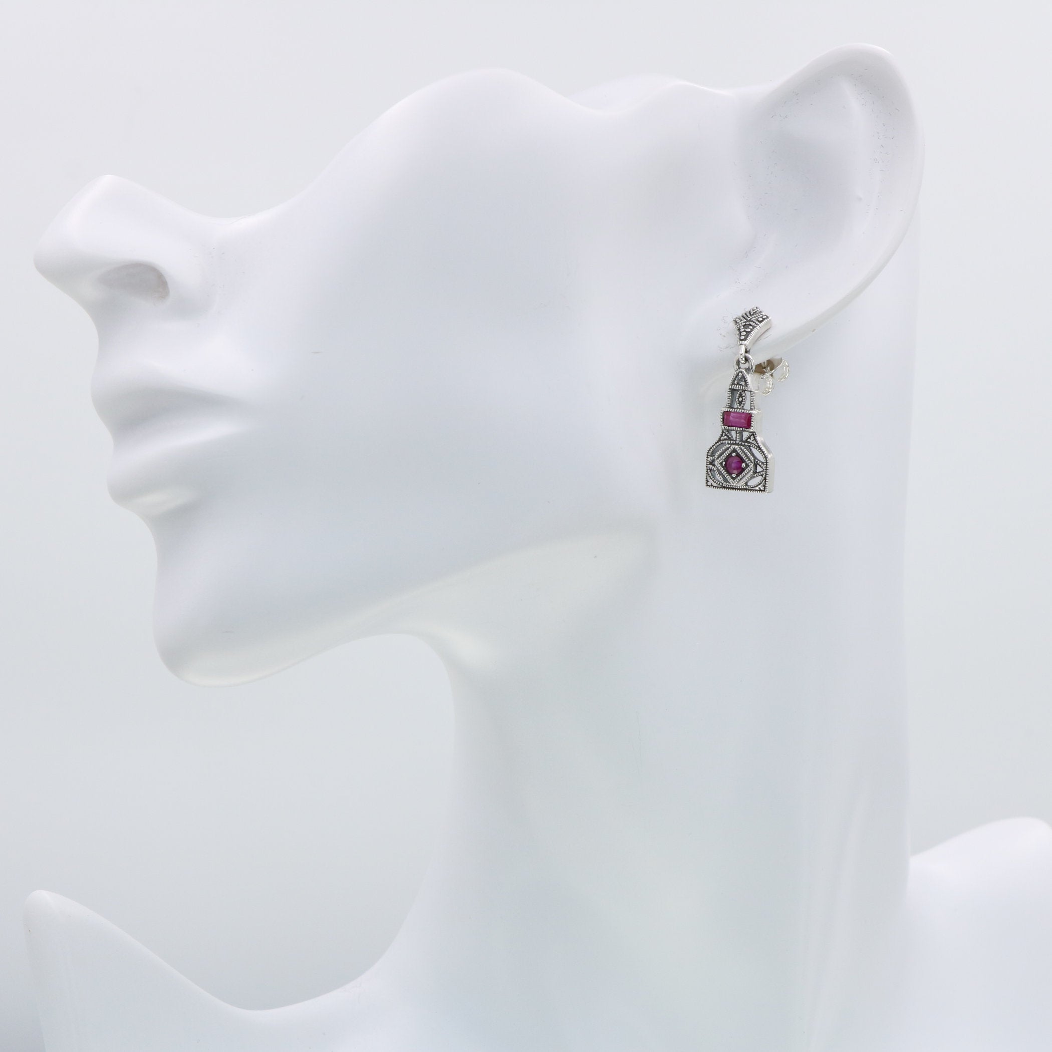 Detail view of Art Deco Style Genuine Ruby / White Topaz Filigree Earrings highlighting filigree detail