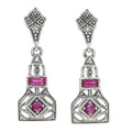 Art Deco dangle earrings, ruby and white topaz in filigree lantern body, marcasite kite stud post, sterling silver