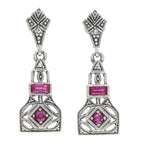Art Deco dangle earrings, ruby and white topaz in filigree lantern body, marcasite kite stud post, sterling silver