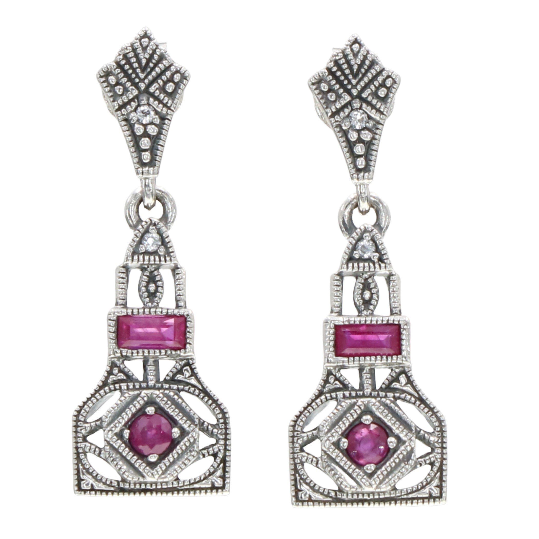 Art Deco dangle earrings, ruby and white topaz in filigree lantern body, marcasite kite stud post, sterling silver