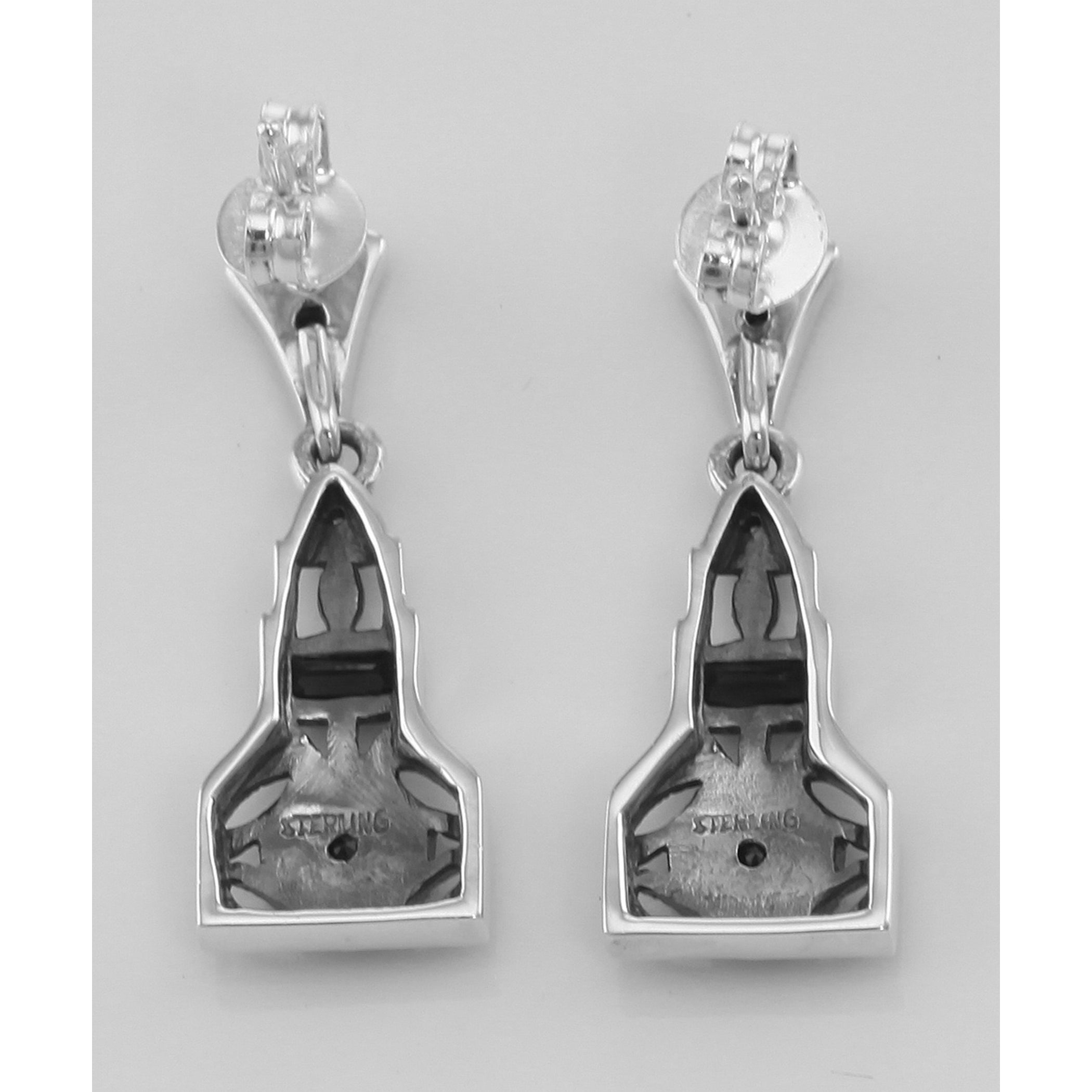 Back view of Art Deco Style Genuine Sapphire / White Topaz Filigree Earrings showing 925 sterling silver hallmark and French wire hooks