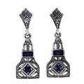 Art Deco dangle earrings, sapphire and white topaz in filigree lantern body, marcasite kite stud post, sterling silver