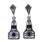 Art Deco dangle earrings, sapphire and white topaz in filigree lantern body, marcasite kite stud post, sterling silver