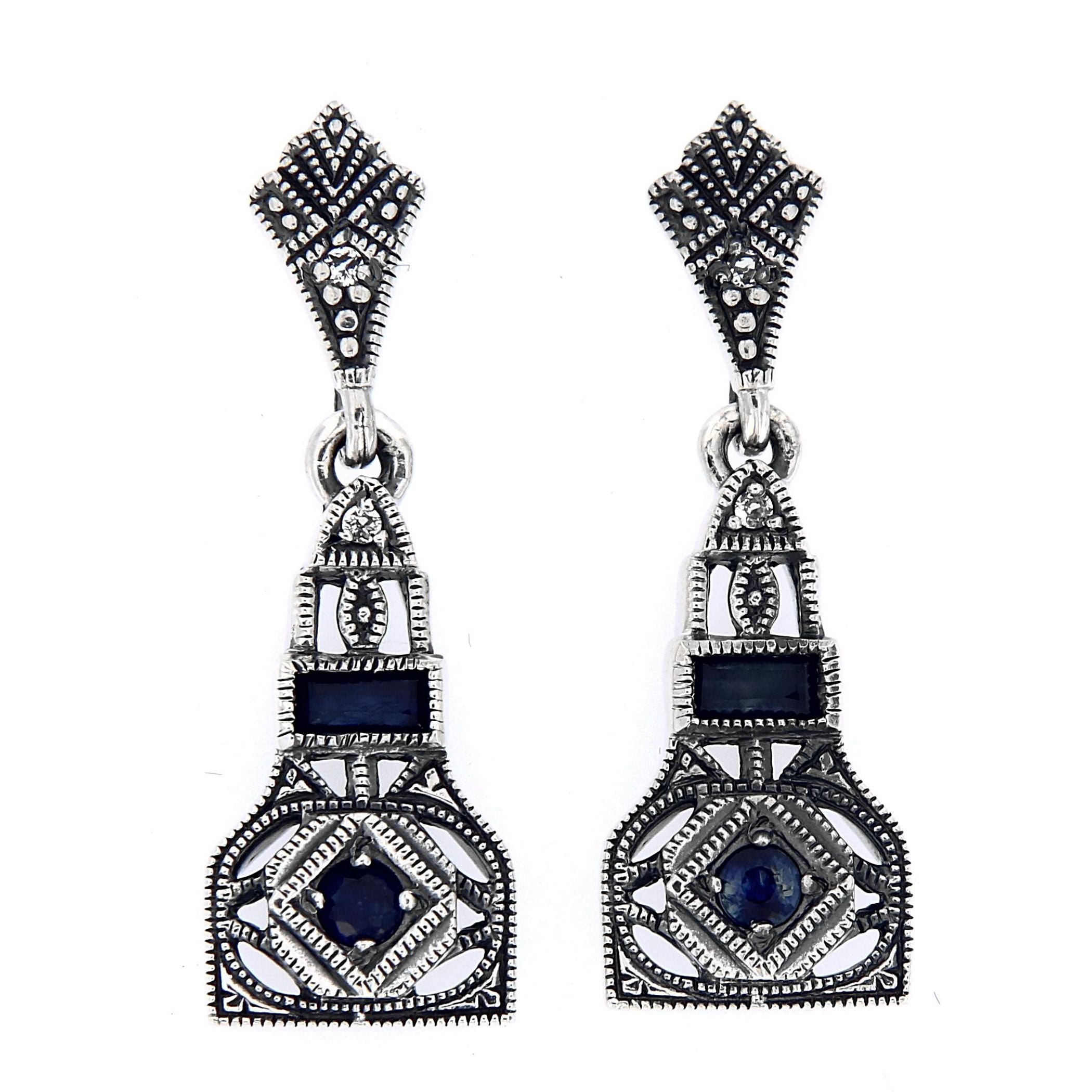 Art Deco dangle earrings, sapphire and white topaz in filigree lantern body, marcasite kite stud post, sterling silver