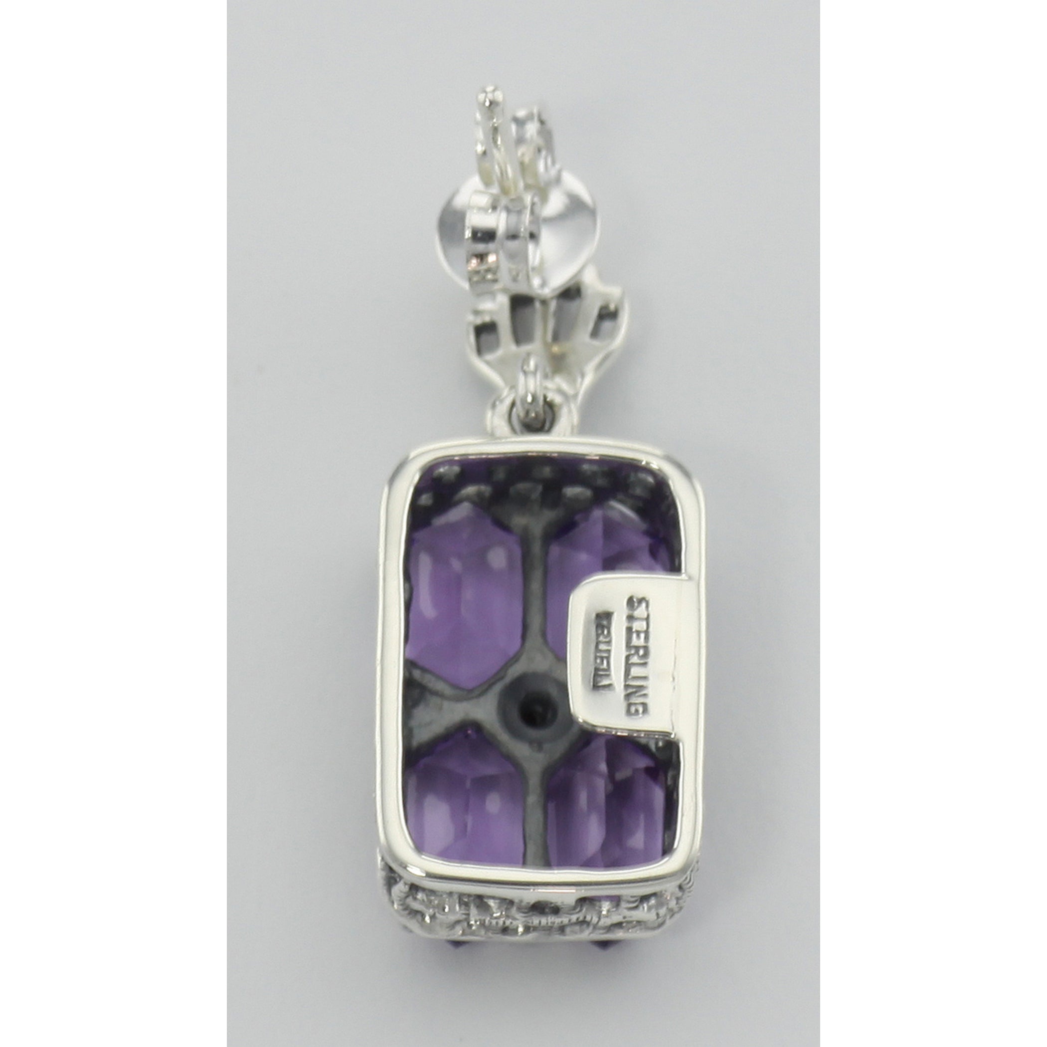 Detail view of Art Deco Style Amethyst w/ Diamond Earrings highlighting amethyst detail