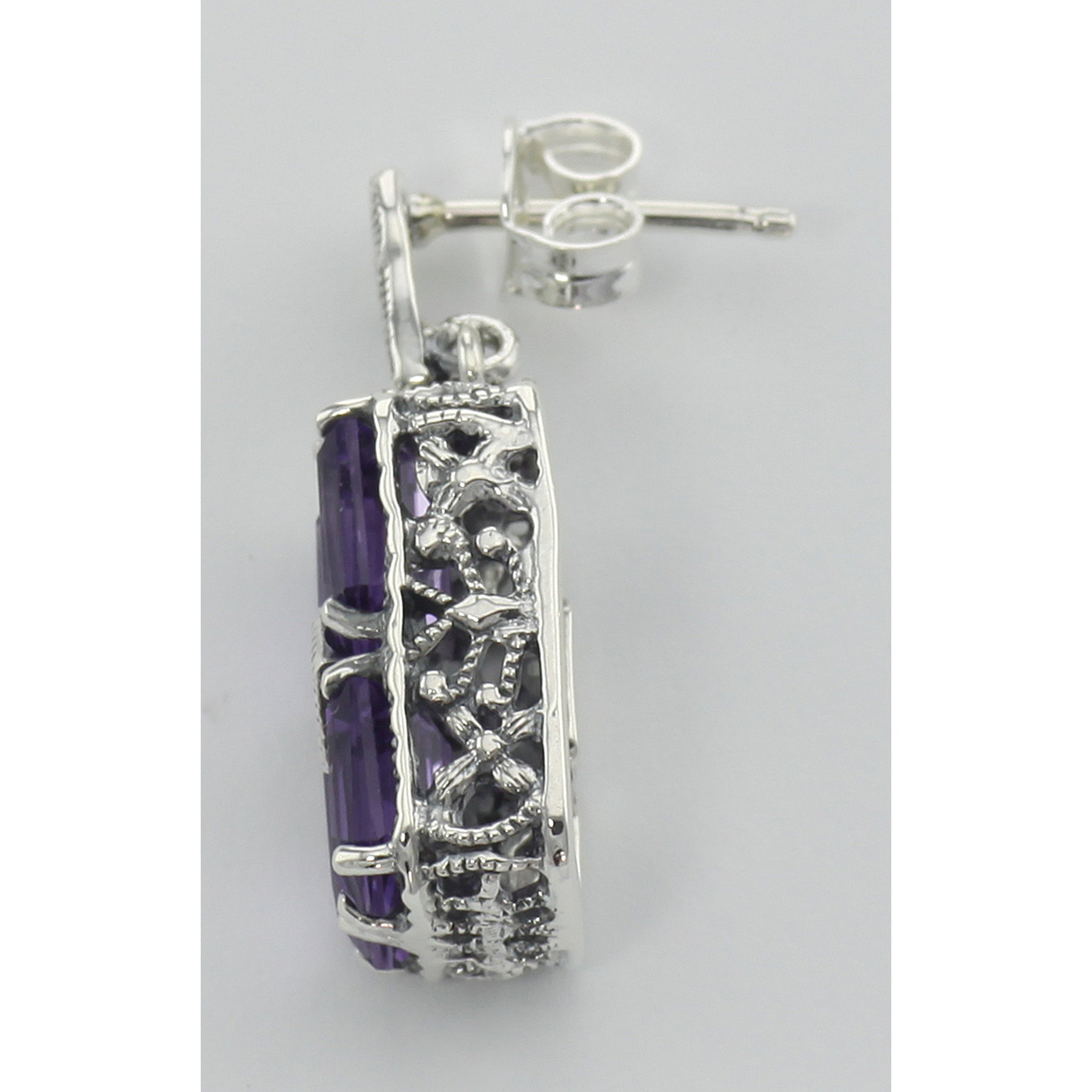 Back view of Art Deco Style Amethyst w/ Diamond Earrings showing 925 sterling silver hallmark and French wire hooks