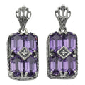 Art Deco rectangle cluster earrings, six amethyst hexagons with diamond center, crown filigree post, sterling silver