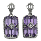 Art Deco rectangle cluster earrings, six amethyst hexagons with diamond center, crown filigree post, sterling silver