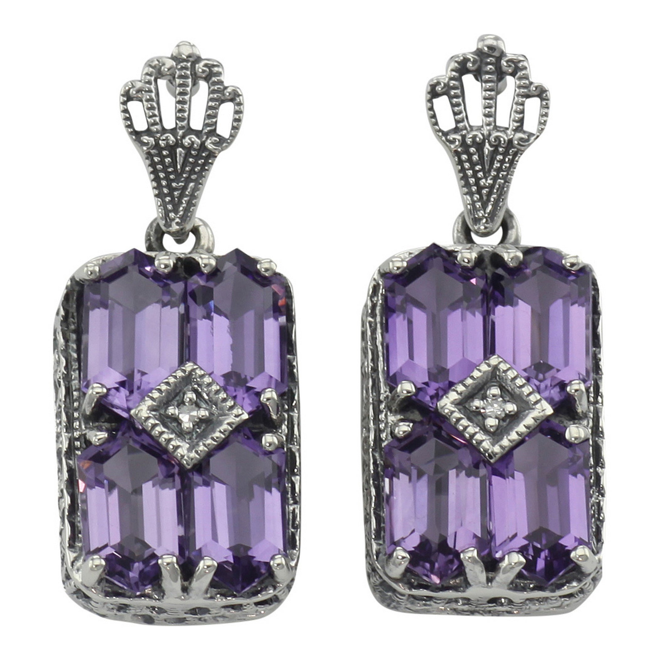 Art Deco rectangle cluster earrings, six amethyst hexagons with diamond center, crown filigree post, sterling silver
