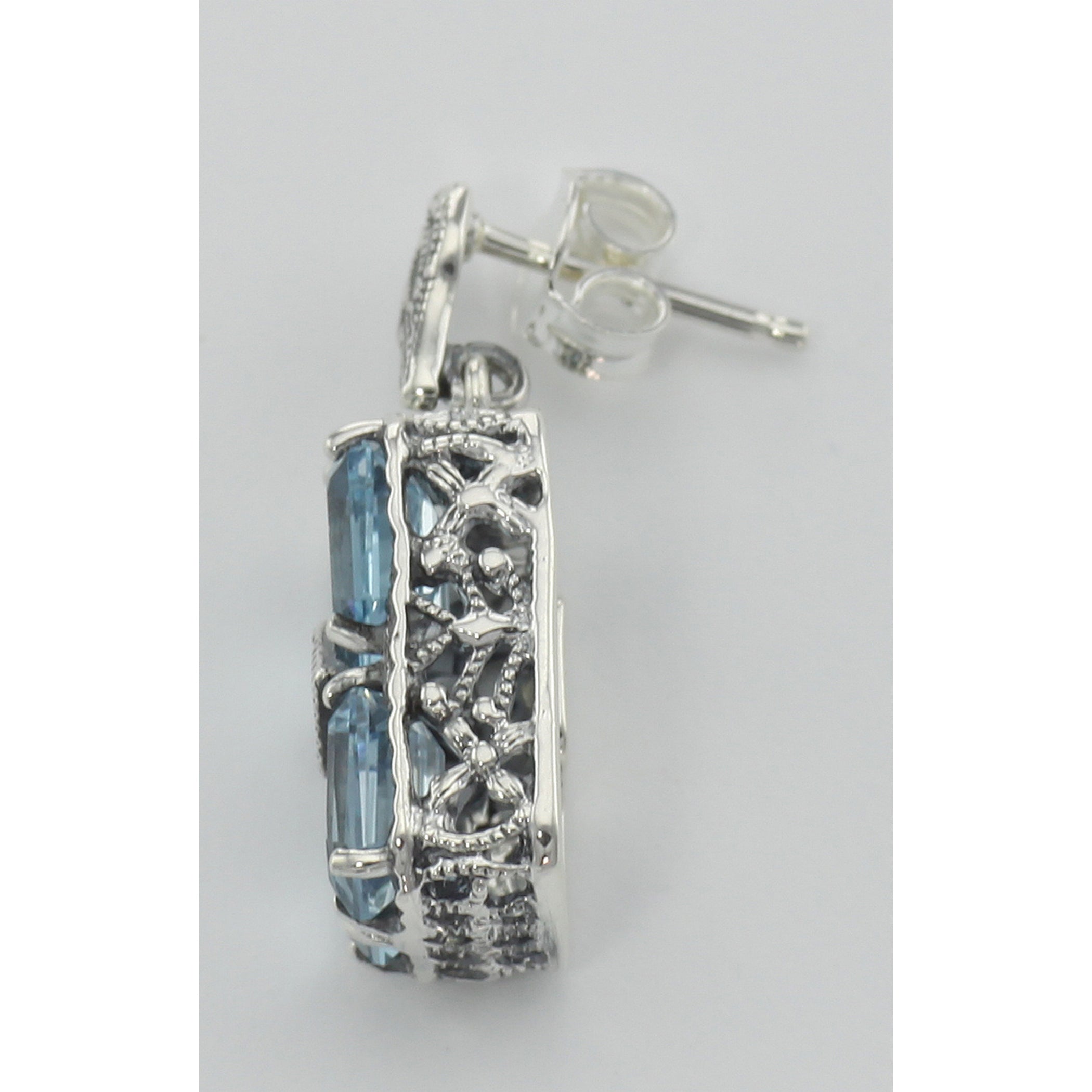 Back view of Art Deco Style Blue Topaz w/ Diamond Earrings showing 925 sterling silver hallmark and French wire hooks