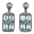 Art Deco rectangle cluster earrings, six blue topaz hexagons with diamond center, crown filigree post, sterling silver