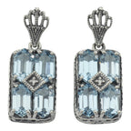 Art Deco rectangle cluster earrings, six blue topaz hexagons with diamond center, crown filigree post, sterling silver