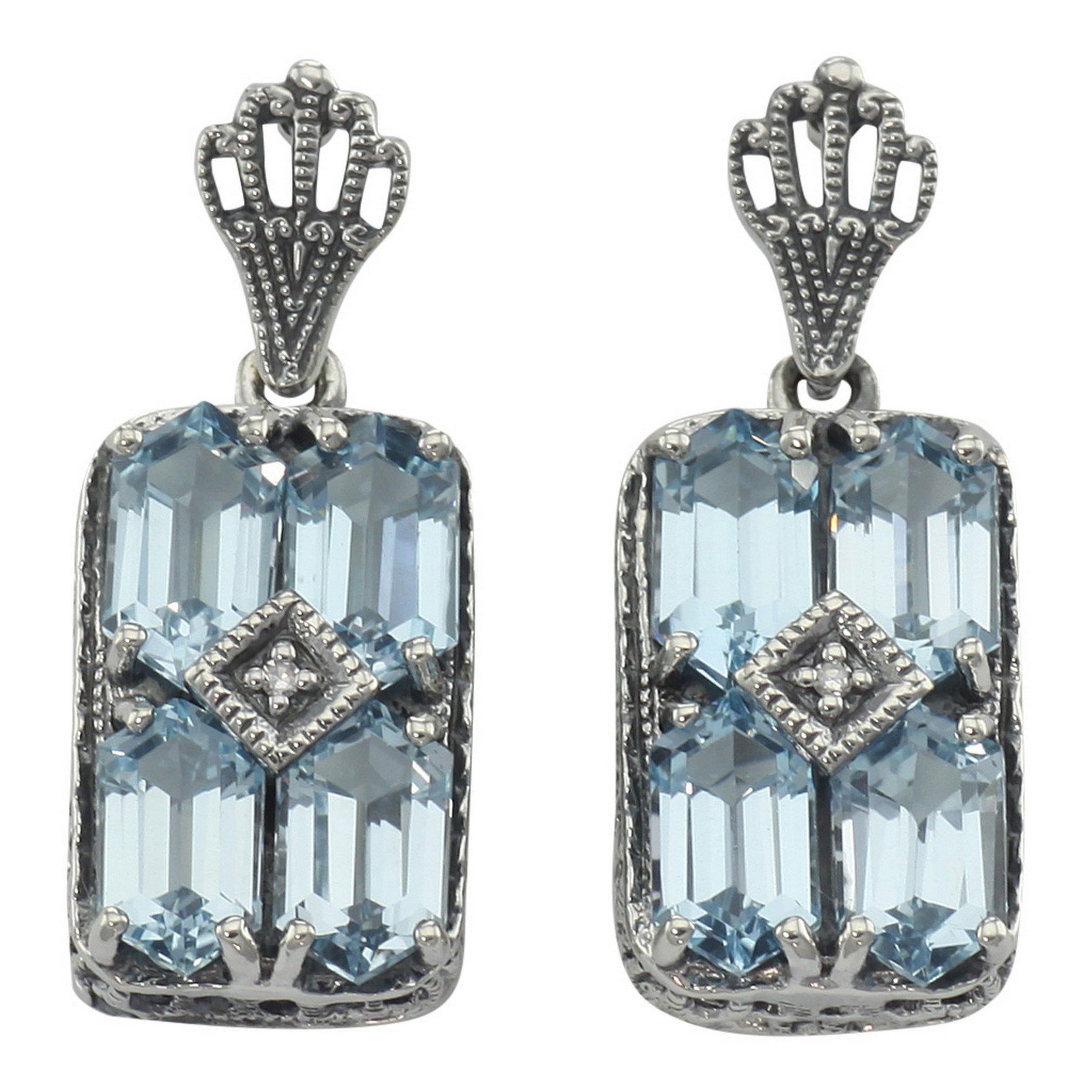 Art Deco rectangle cluster earrings, six blue topaz hexagons with diamond center, crown filigree post, sterling silver