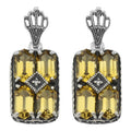 Art Deco rectangle cluster earrings, six golden citrine hexagons with diamond center, crown filigree post, sterling silver
