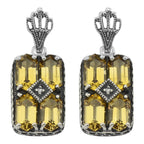 Art Deco rectangle cluster earrings, six golden citrine hexagons with diamond center, crown filigree post, sterling silver