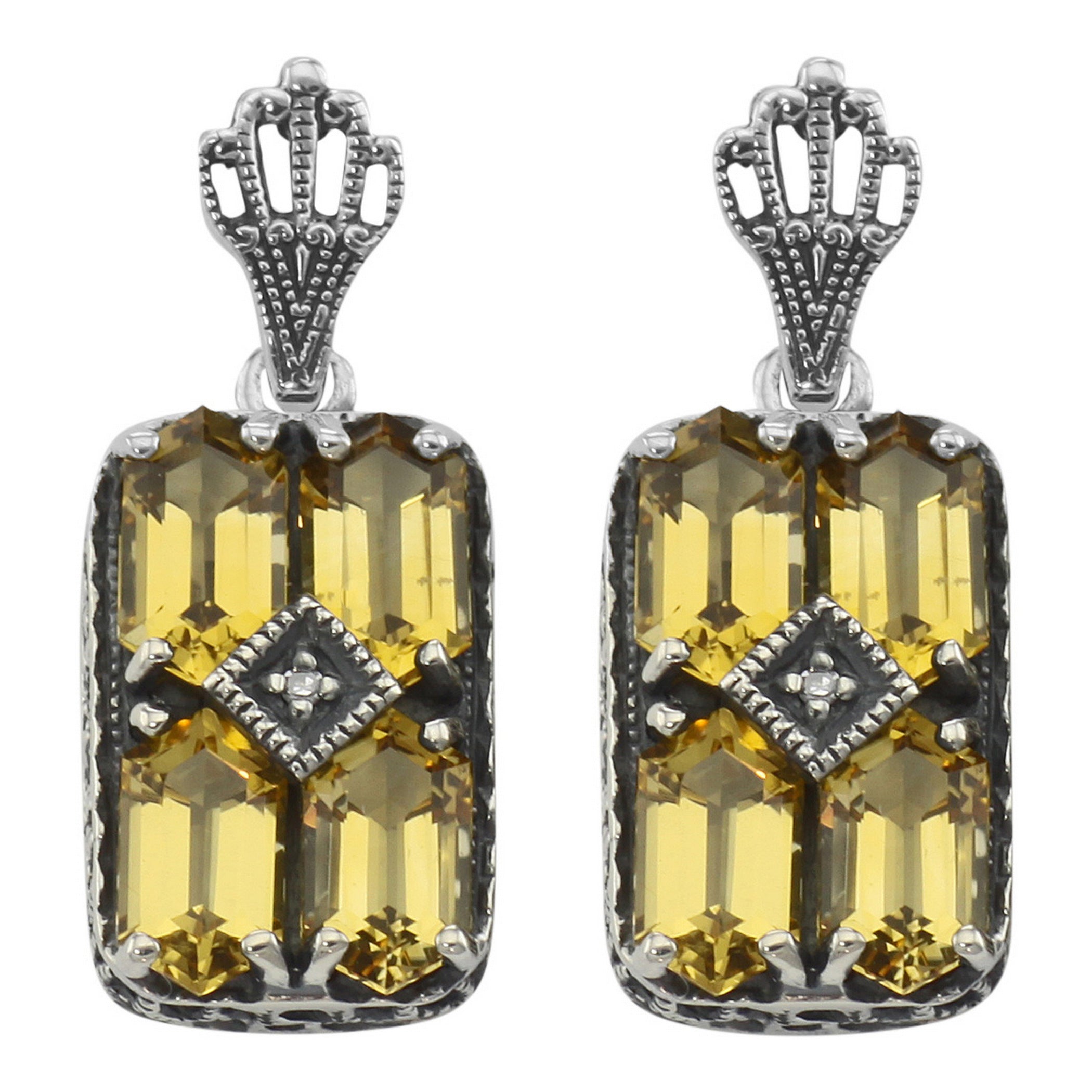 Art Deco rectangle cluster earrings, six golden citrine hexagons with diamond center, crown filigree post, sterling silver