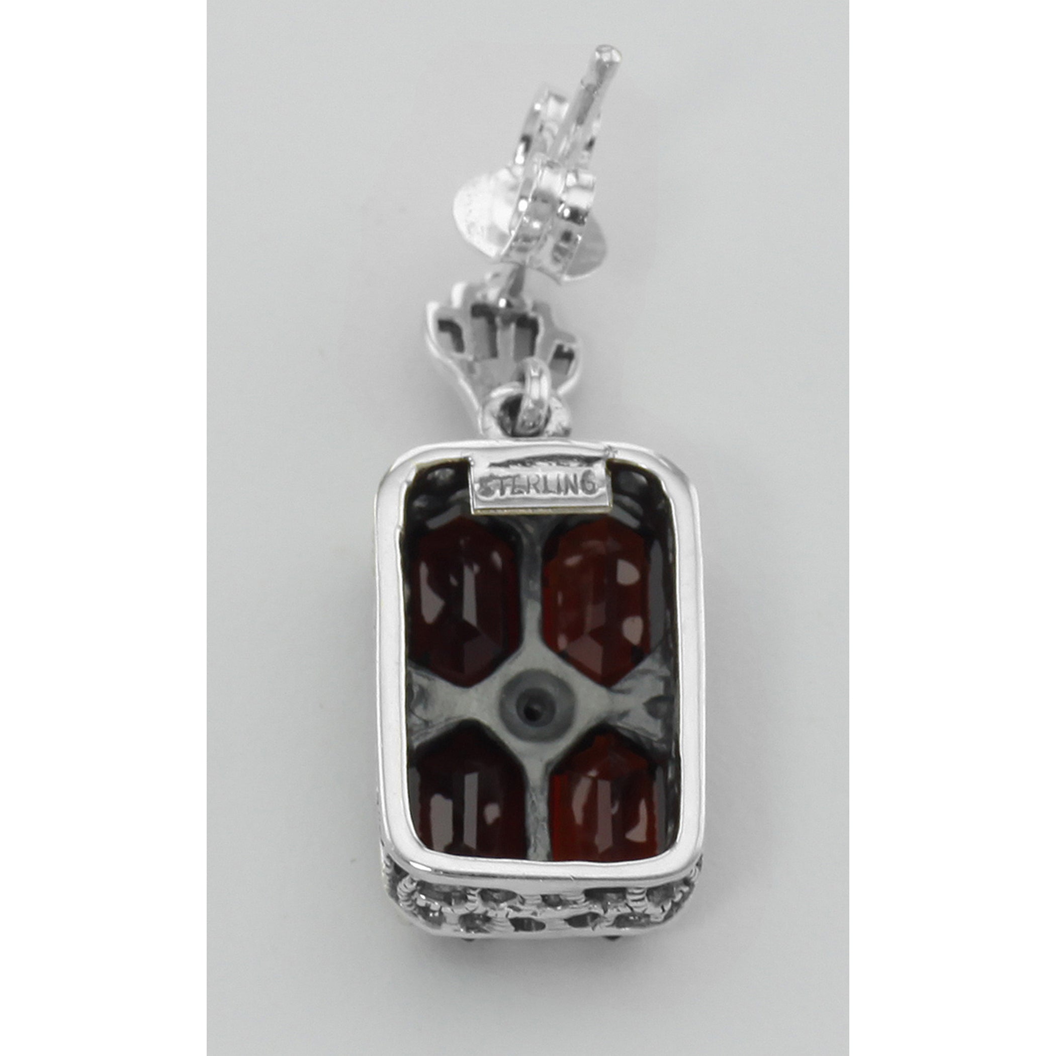 Detail view of Art Deco Style Garnet and Diamond Earrings highlighting garnet detail