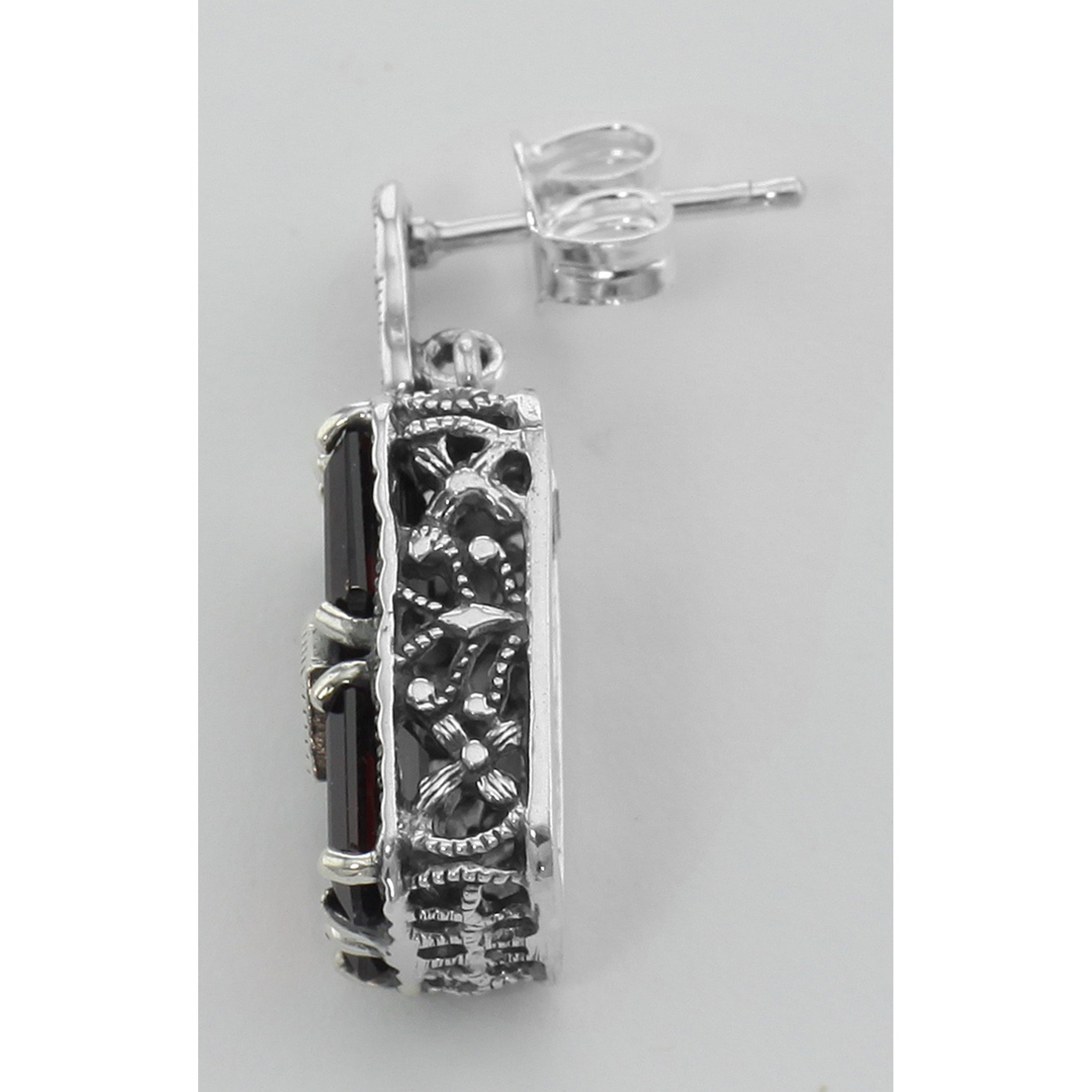 Back view of Art Deco Style Garnet and Diamond Earrings showing 925 sterling silver hallmark and French wire hooks