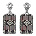 Art Deco rectangle cluster earrings, six deep red garnet hexagons with diamond center, crown filigree post, sterling silver
