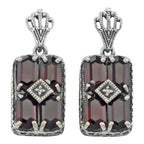 Art Deco rectangle cluster earrings, six deep red garnet hexagons with diamond center, crown filigree post, sterling silver