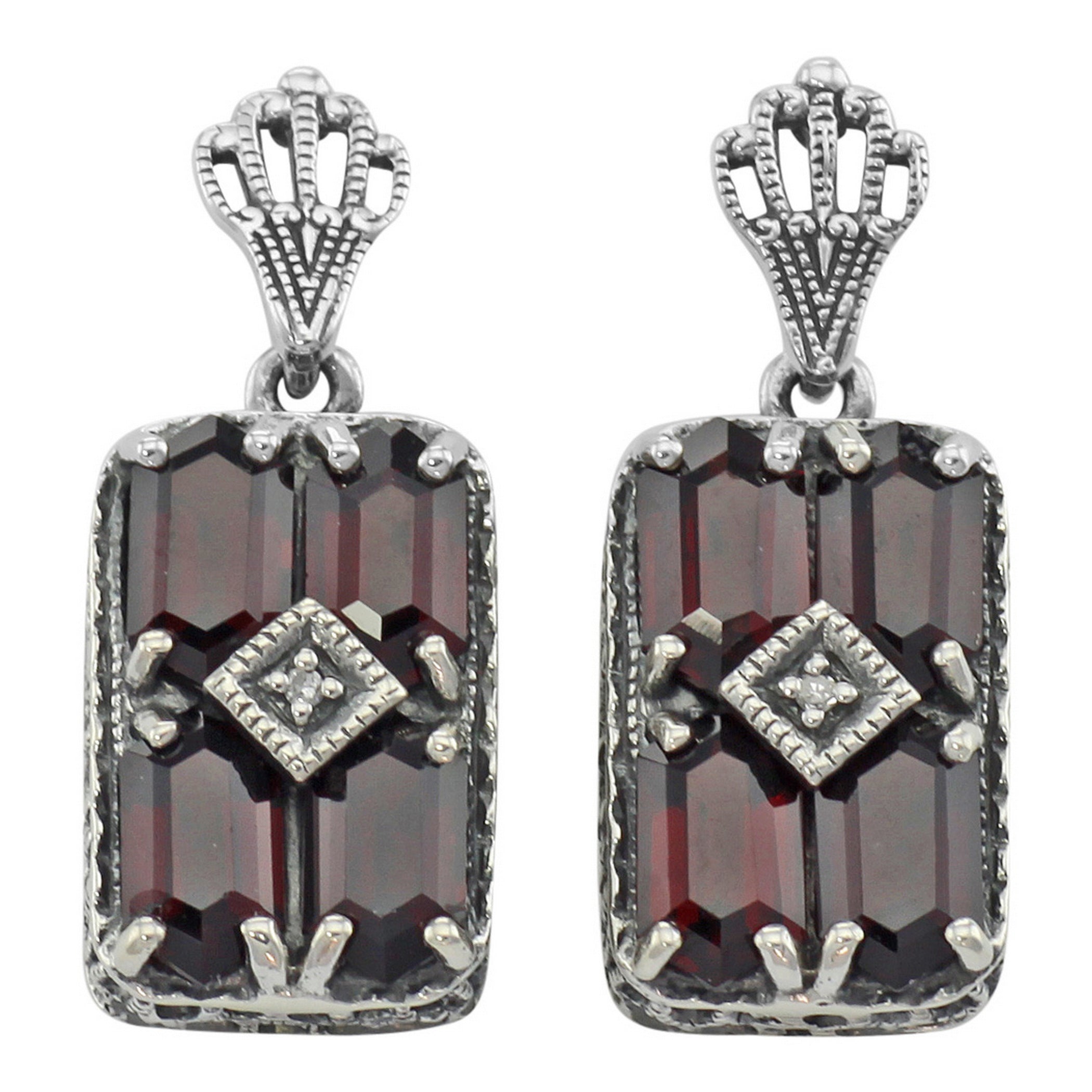 Art Deco rectangle cluster earrings, six deep red garnet hexagons with diamond center, crown filigree post, sterling silver