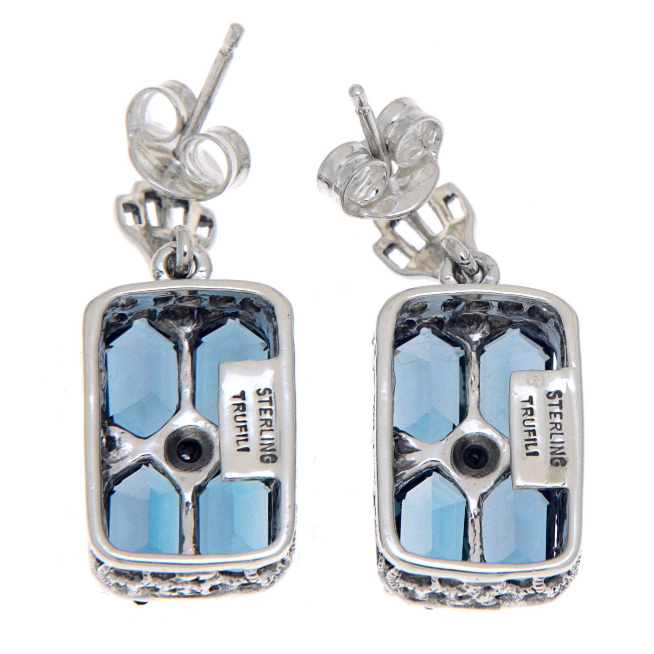 Back view of Art Deco Style London Blue Topaz w/ Diamond Earrings showing 925 sterling silver hallmark and French wire hooks