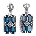 Art Deco rectangle cluster earrings, six London blue topaz hexagons with diamond center, crown filigree post, sterling silver
