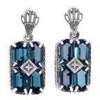 Art Deco rectangle cluster earrings, six London blue topaz hexagons with diamond center, crown filigree post, sterling silver