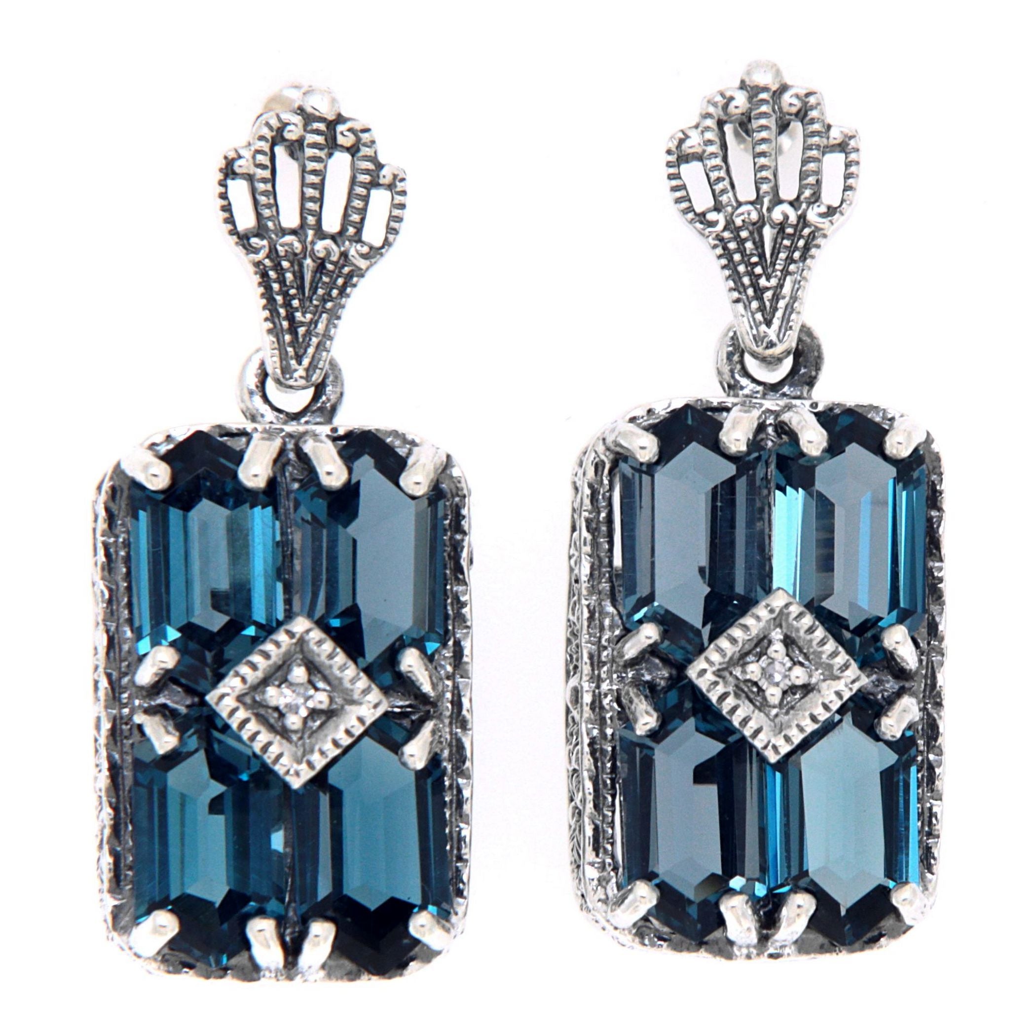 Art Deco rectangle cluster earrings, six London blue topaz hexagons with diamond center, crown filigree post, sterling silver