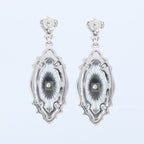 Back view of Sunray Camphor Glass and Jet Genuine Diamond Filigree Earrings showing 925 sterling silver hallmark and French wire hooks