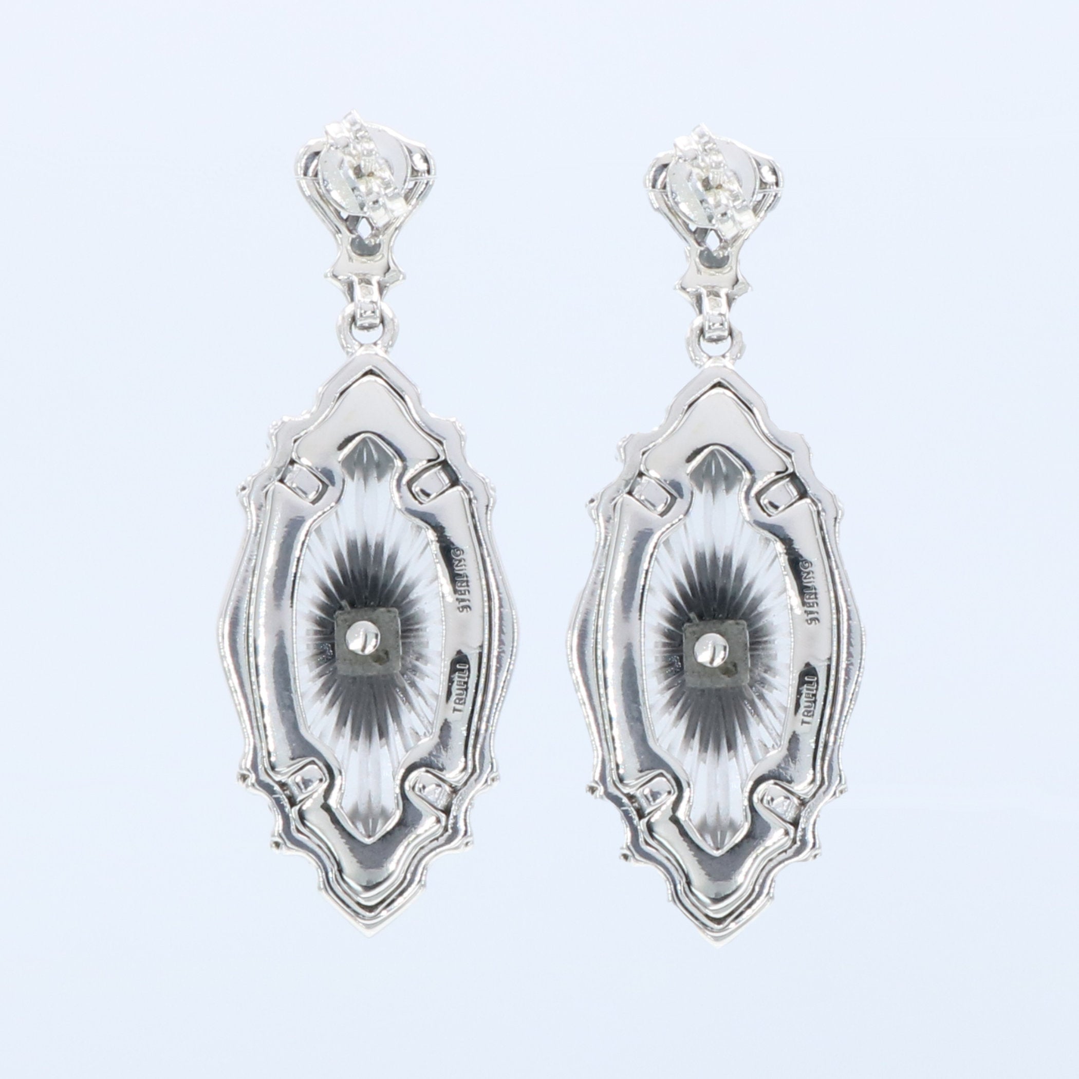 Back view of Sunray Camphor Glass and Jet Genuine Diamond Filigree Earrings showing 925 sterling silver hallmark and French wire hooks