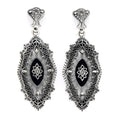 Art Deco navette dangle earrings, sunray camphor glass, jet marcasite lace border, diamond center, bow post, sterling silver