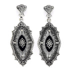 Art Deco navette dangle earrings, sunray camphor glass, jet marcasite lace border, diamond center, bow post, sterling silver