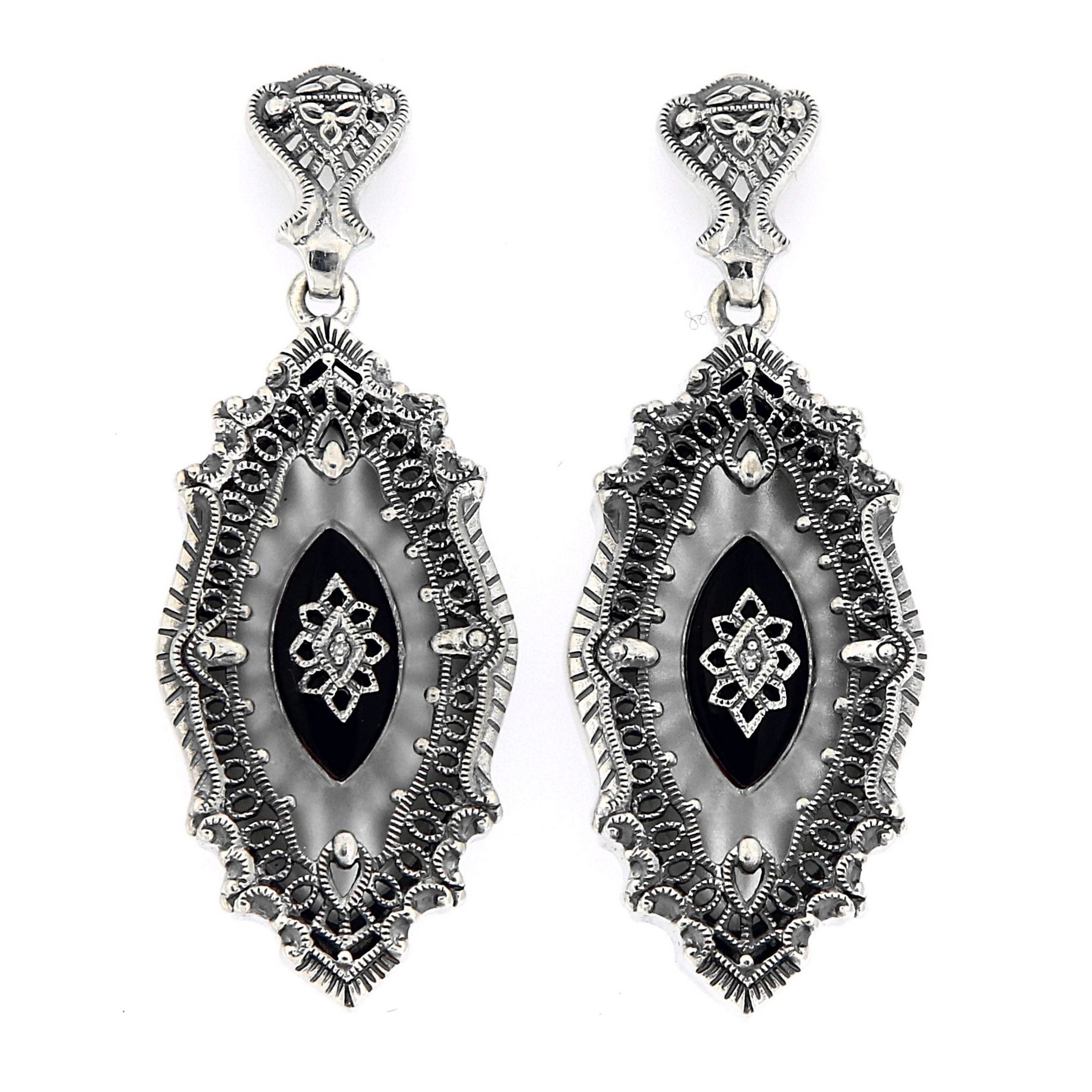 Art Deco navette dangle earrings, sunray camphor glass, jet marcasite lace border, diamond center, bow post, sterling silver