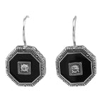 Art Deco octagonal black onyx earrings, white topaz square center, milgrain border, French wire hooks, sterling silver