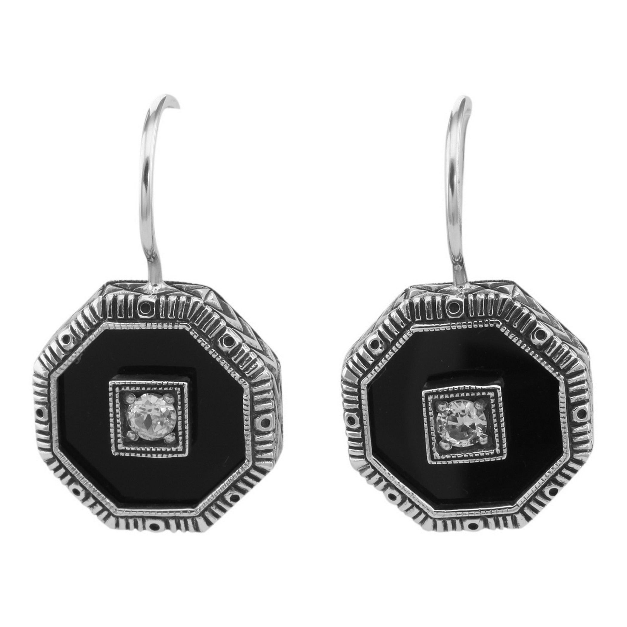 Art Deco octagonal black onyx earrings, white topaz square center, milgrain border, French wire hooks, sterling silver