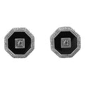 Art Deco octagonal black onyx stud earrings, white topaz center, milgrain etched border, post back, sterling silver